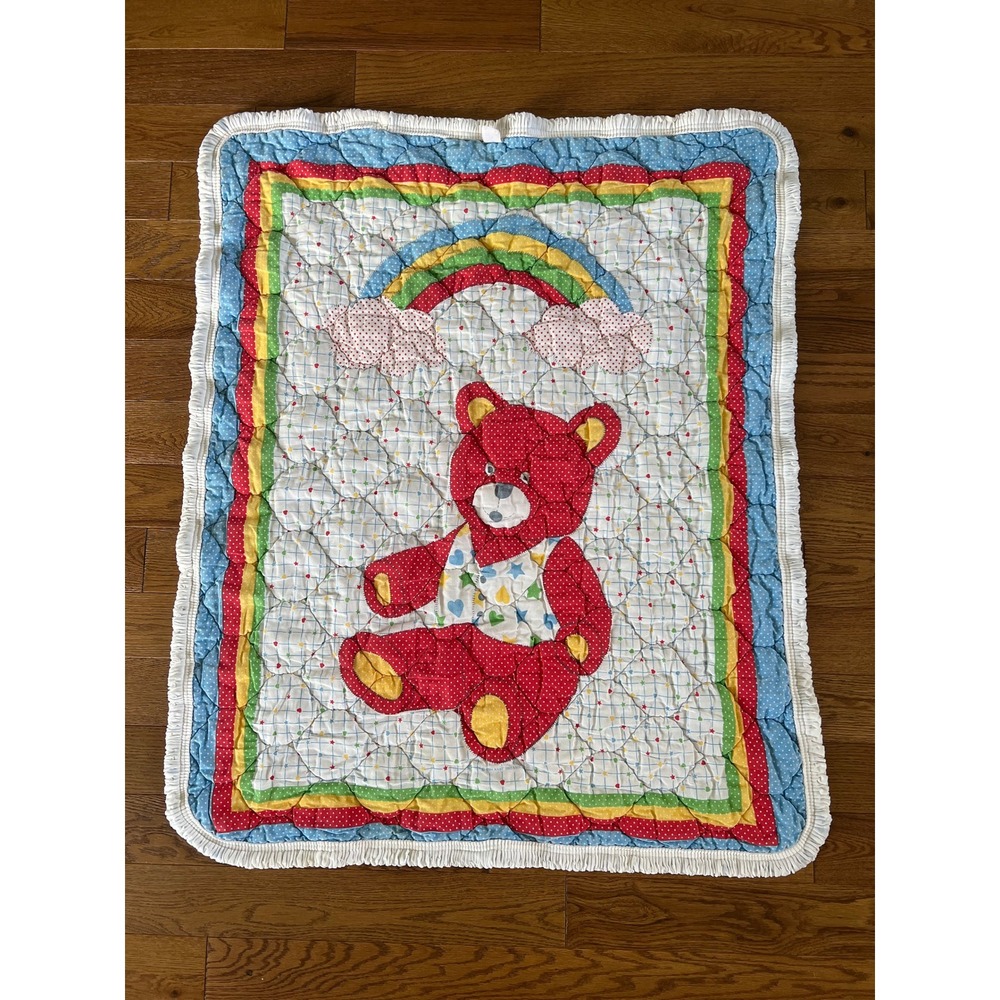 VTG 1980s Baby Dreams Puff Quilt Rainbow Teddy Bear Nursery Biscuit Quilt USA